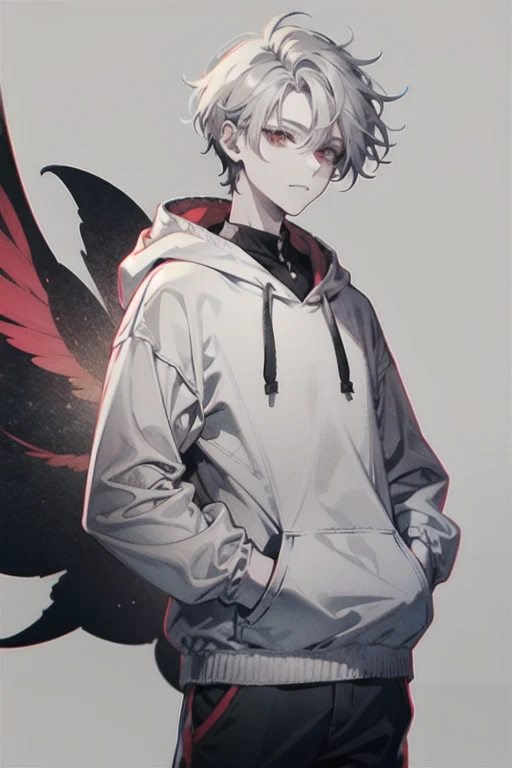 Teenage Boy, Red Eyes,Poker face, Wearing a white hoodie, short hair, Pale skin and gray hair, On a gray background, Hands in pockets,Look directly at the audience.