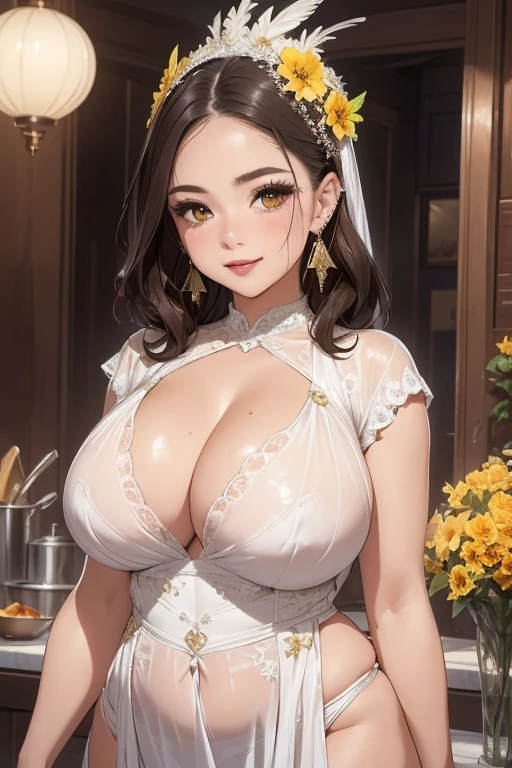 ((highest quality)), ((Perfect Face)), ((Adult female)), ((housewife)), ((Mature Woman)), Brown Hair, Tie your hair in a low ponytail, Light brown eyes, Pale skin, Peach Lips, Huge breasts, Wide Hips , wide thighs, plump belly, Yellow dress with white flowers, Yellow flat shoes, White apron, A kind smile, kitchen, araffe woman in a white dress posing for a picture, wearing a cute white dress, curvy model, dressed in a beautiful white, wearing a wet white short dress, curvy hourglass figure, sexy dress, wearing white dress, thicc, beautiful full body shot, soft curvy shape, a beautiful woman in white, in a dress, bbw、araffe woman in a white dress posing for a picture, wearing a cute white dress, curvy model, dressed in a beautiful white, wearing a wet white short dress, curvy hourglass figure, sexy dress, wearing white dress, thicc, beautiful full body shot, soft curvy shape, a beautiful woman in white, in a dress, Mature Woman, Looking at the audience, Attractive breasts,Sensual curves、bubble、Full Body Shot,Nightgown, Charming smile, Thick lips, plump lips, blush, Looking at the audience, Provocative expression, Beautiful Hairstyles, Cleavage, plump、Curvy Hips、Attractive face、Mischievous face、Sexy Lingerie、An inviting gaze、Expressing emotions、colored feather, Money Decoration, particle, Light, (masterpiece, highest quality, highest quality, Official Art, beautifully、aesthetic:1.2), (1 girl:1.3), Very detailed,(Fractal Art:1.1),(colorful:1.1)(Flowers:1.3),Most detailed, (Dynamic pose), (Shiny skin), (Many colors :1.4), ,(Earrings:1.4), (feather:1.4),masterpiece,Mr.々Hair style，Money Headband，Tulle covers the chest，Perfect balance, Detailed details of the garment,marble，cinematicLighting, Film Grain, contrast of Light and dark,High detail,(((Gorgeous Accessories))))、Openwork decoration，(((See-through dress)))、(((Anatomically correct body))) ,1 girl, (High resolution), (8k), (Very detailed), Perfect Face, Beautiful eyes and face, (((highest quality))), (Very detailed), Detailed face and eyes, Beautiful Eyes,(((Sexy pose))),Beautiful Eyes、Transparent double eyelids、(((Super gorgeous background)))、Bright Eyes,M