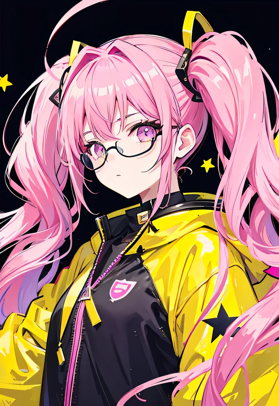 Dark yellow pink twin ponytails,Star decoration,Meteor decoration,With pink glasses,There is a deceptive look in the eyes,Girl but very handsome,There is a sense of contempt in his eyes,Black and yellow jacket with Star decoration