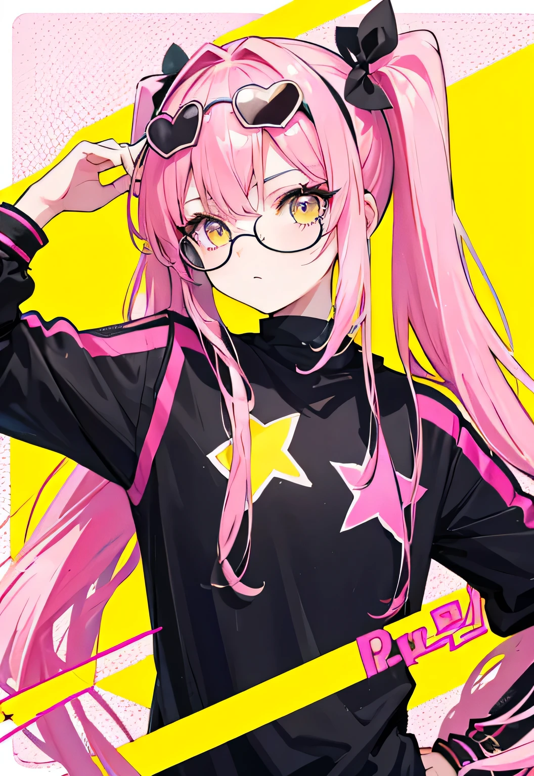 Dark yellow pink twin ponytails,Star decoration,Meteor decoration,With pink glasses,There is a deceptive look in the eyes,Girl but very handsome,There is a sense of contempt in his eyes,Black and yellow jacket with Star decoration