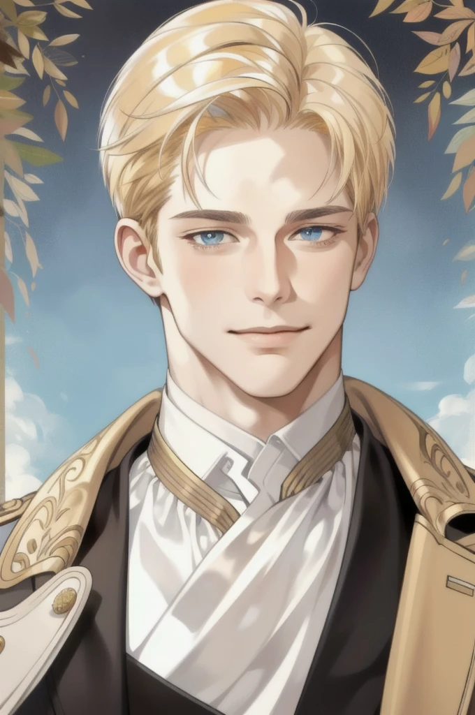 masterpiece, best quality, realistic, 1man, mature man, muscular tall, handsome, smile, closed mouth, portrait, extremely detailed face, (short hair), (golden hair), (heterochromia in eyes)