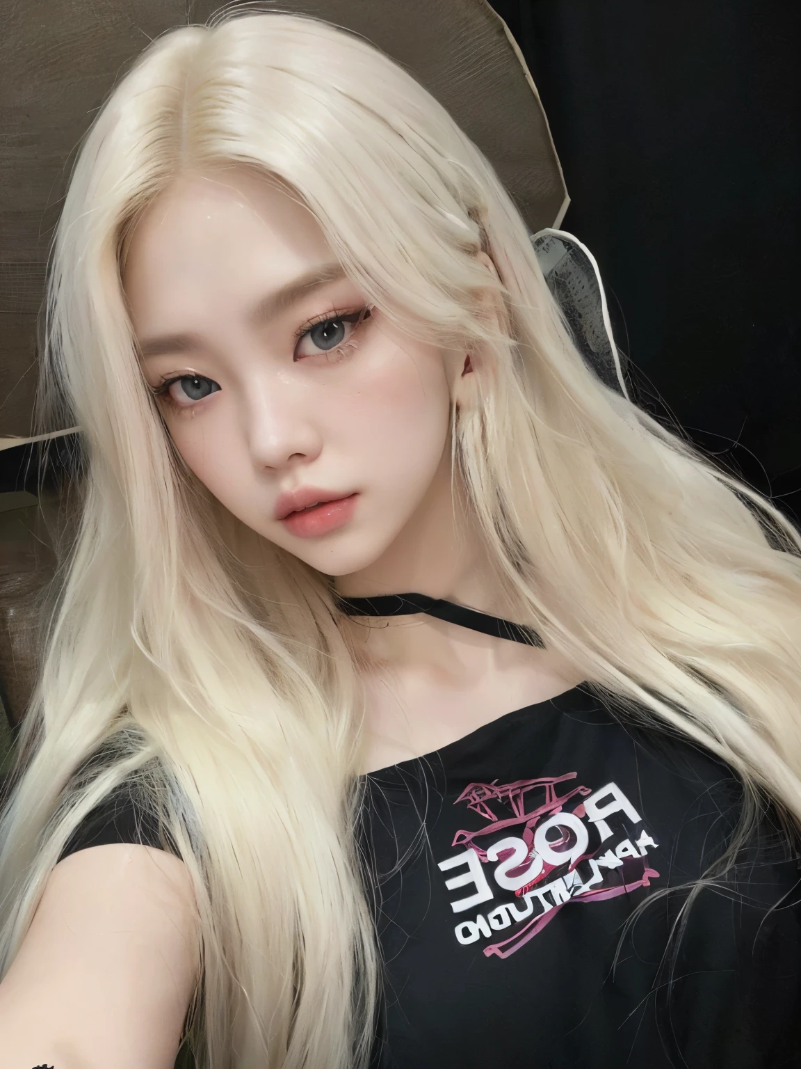 a close up of a woman with long blonde hair wearing a black shirt, roseanne park of blackpink, her hair is white, ava max, jossi of blackpink, tifa lockhart with white hair, portrait of jossi of blackpink, with long white hair, with white long hair, blackpink jennie, jaeyeon nam, very very pale blond hair, korean idol, korean girl