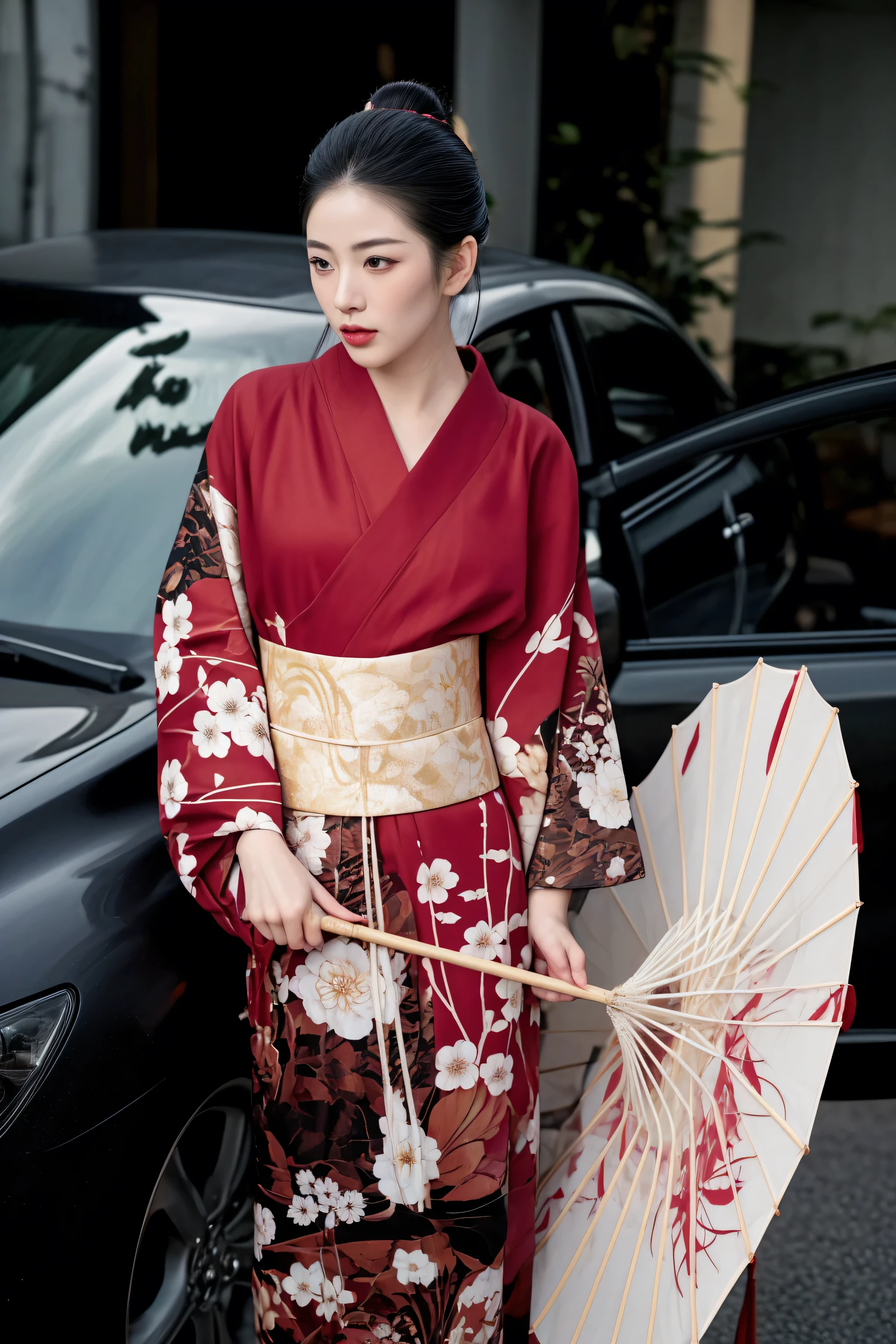 woman in kimono standing next to a car with an umbrella, japanese kimono, wearing kimono, elegant japanese woman, in kimono, red kimono, kimono, classic kimono, red kimono with flower patterns, wearing a kimono, japaneese style, traditional geisha clothing, japanese woman, intricate geisha kimono, japanese geisha, wearing royal kimono, traditional japanese