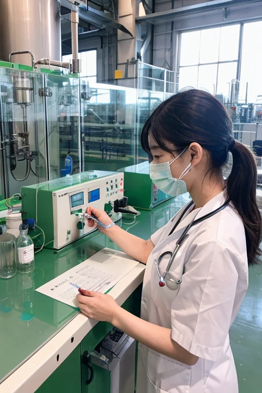 1 korean girl staff check Medical vials on production line at pharmaceutical factory, Pharmaceutical machine working pharmaceutical glass bottles production line,