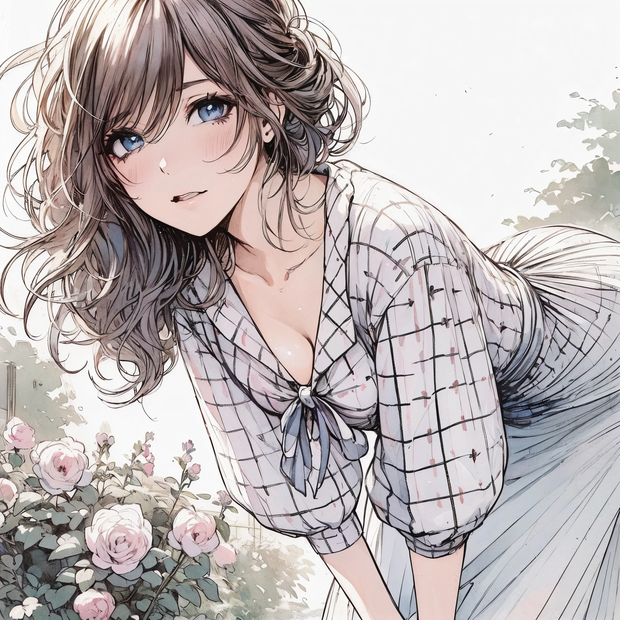 Official art using high-quality hand-drawn watercolor sketch techniques. (best quality,4k,8k,highres,masterpiece:1.2),ultra-detailed,beautiful detailed gray eyes,A girl with beautiful eyes, everyone, beautiful anime girl, cute anime girl, smooth anime art, anime style, elegant colors, soft lighting, delicate beautiful wet eyes, very coquettish, (beautiful large breast:1.2), (correct hands:1.2),