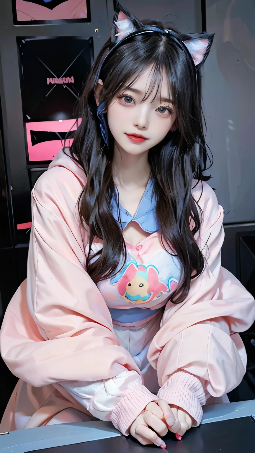 /imagine a beautiful anime girl live streaming from her room, with long black hair, big blue eyes, wearing a pink hoodie and a cute headset with cat ears, sitting in front of a modern computer setup with colorful LED lights, surrounded by plushies and posters on the wall, smiling and engaging with her audience, bright and cheerful atmosphere
