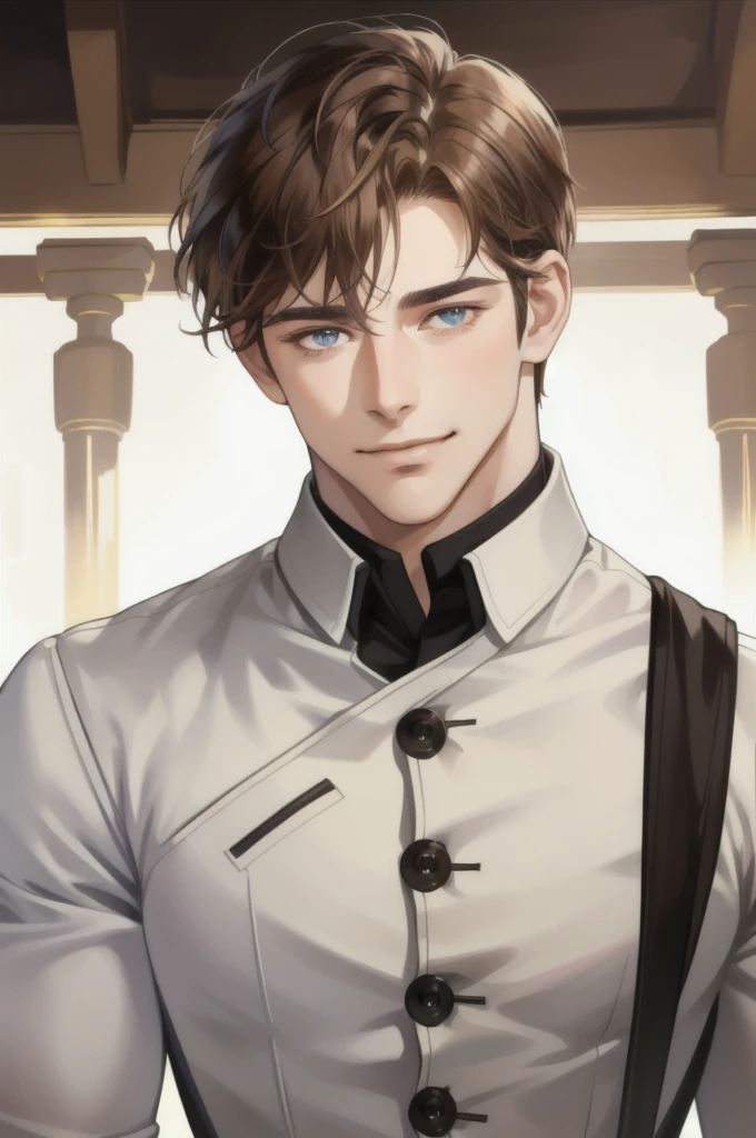 masterpiece, best quality, realistic, 1man, man, muscular tall, handsome, smile, closed mouth, portrait, extremely detailed face, (short hair), (brown hair), (heterochromia in eyes)