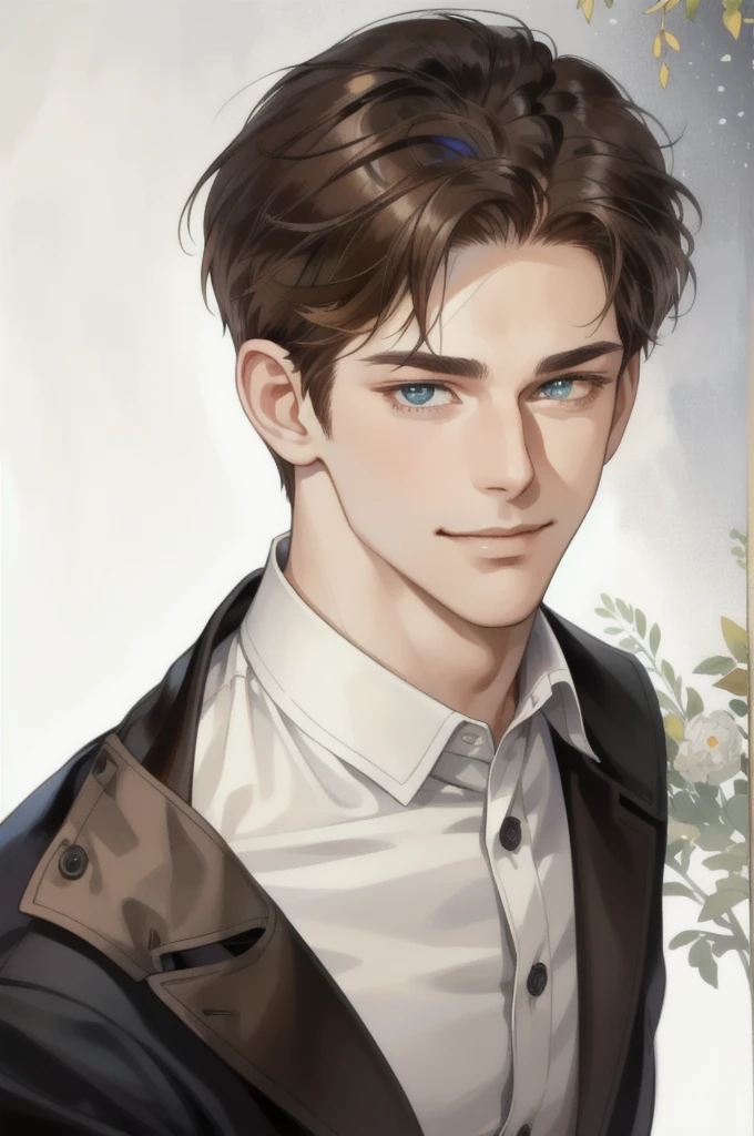 masterpiece, best quality, realistic, 1man, mature man, muscular tall, handsome, smile, closed mouth, portrait, extremely detailed face, (short hair), (brown hair), (heterochromia in eyes)