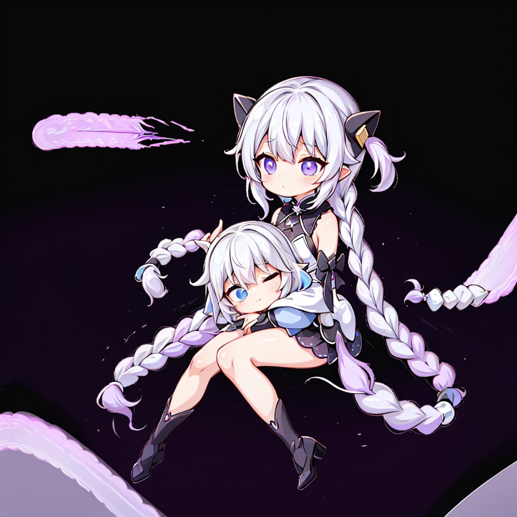 masterpiece,,cute、こたつでくつろぐ幼馴染のLittle女の子とLittle男の子、Relaxed facial expression、Mikan and cat kotatsu、sdcgsd、Milky white and purple gradient long hair、Double braid、Black and white diamond-shaped hair ornaments on both sides、Little男の子、The boy has two-tone white and light blue short hair.、Taking a nap together、Heartwarming、A fluffy world、ゆるcute世界、The best light source、CrptGrl