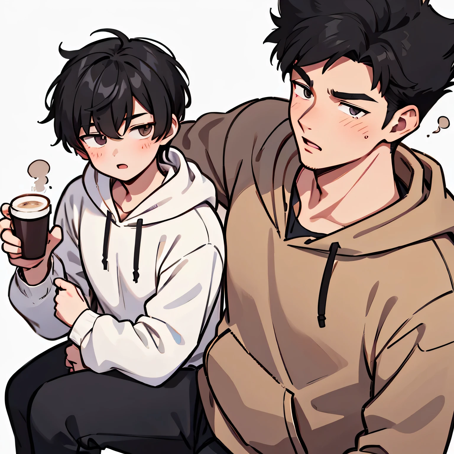 a 20 years old male, tall, buff, mature looks, single man, 1 man, black haired, nerd, hoodie, holding a cup of coffee, 1male