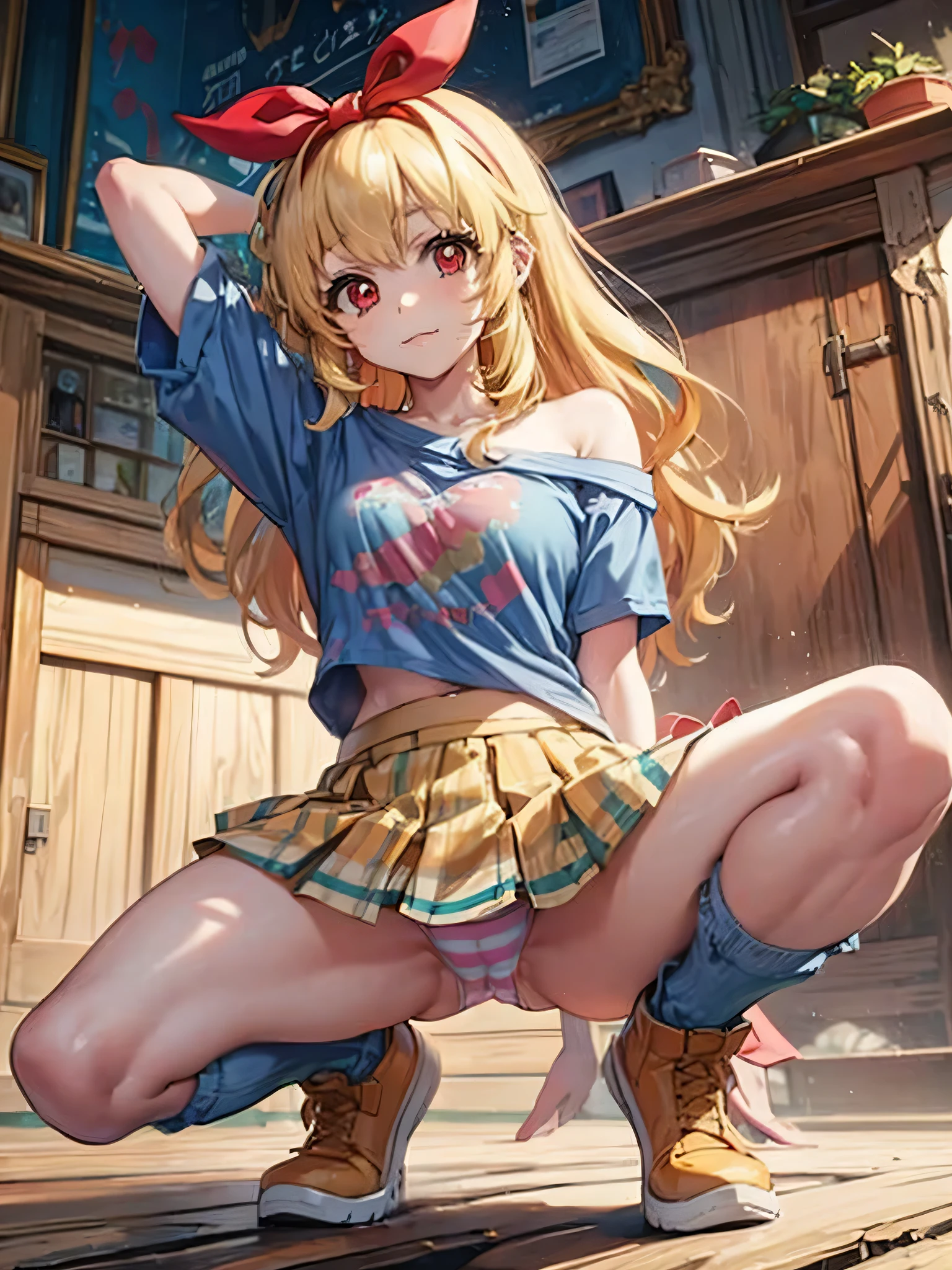 RED_Ribbon_on_HAIR_band, , 1 girl, solo, cute face, big eyes, red eyes, (baggy clothes,one off shoulder t-shirts,denim skirt, Tight Skirt,aqua striped panties), blond, semi-long hair, straight hair, squatting, arms behind head, spread legs, double peace, cameltoe(pointy_groin, from below)