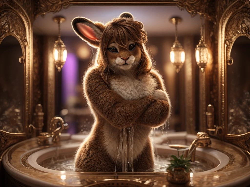 (Mucha style) , Bokeh , naked Photo session advertisement , Hallucination, daydream , realistic hairy fur , messy female rabbit , in the luxury hotel bathroom , artistic porn pose , erotica , show off Private parts , can not stand it any longer, Squirting pee , Water droplets splashing , round face , moist round eyes , Swollen cheeks , hair ties