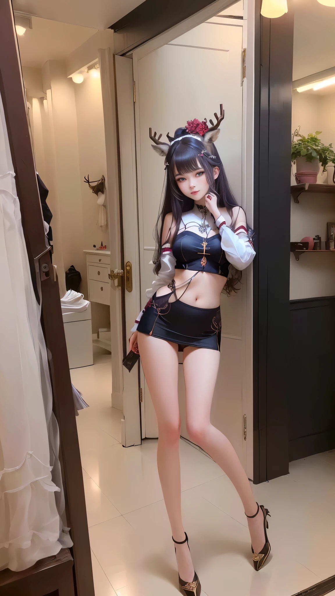 best quality,masterpiece, 1 girl, Solitary, Model photoshoot, Astonishing, Alina, (((Wear))), antlers, deer ears, Look at the users, Smile, blush, hairpin,(( Weaving)), Hair accessories, ((Hairpin)),