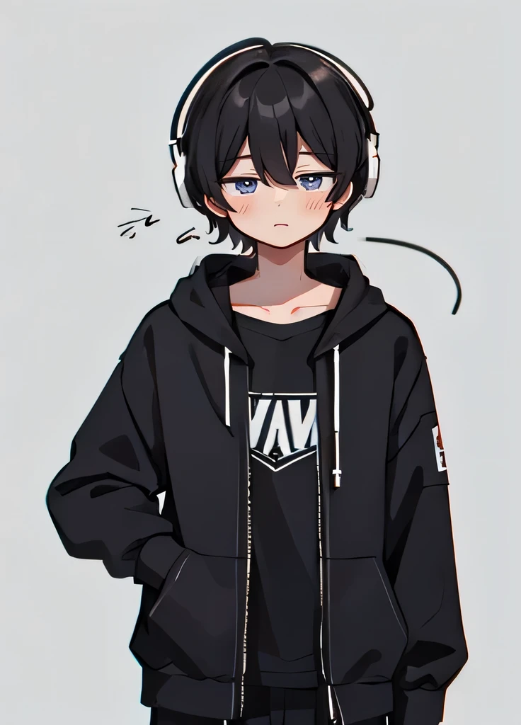 a tall 18 years old boy with medium length black hair, wearing a headphone