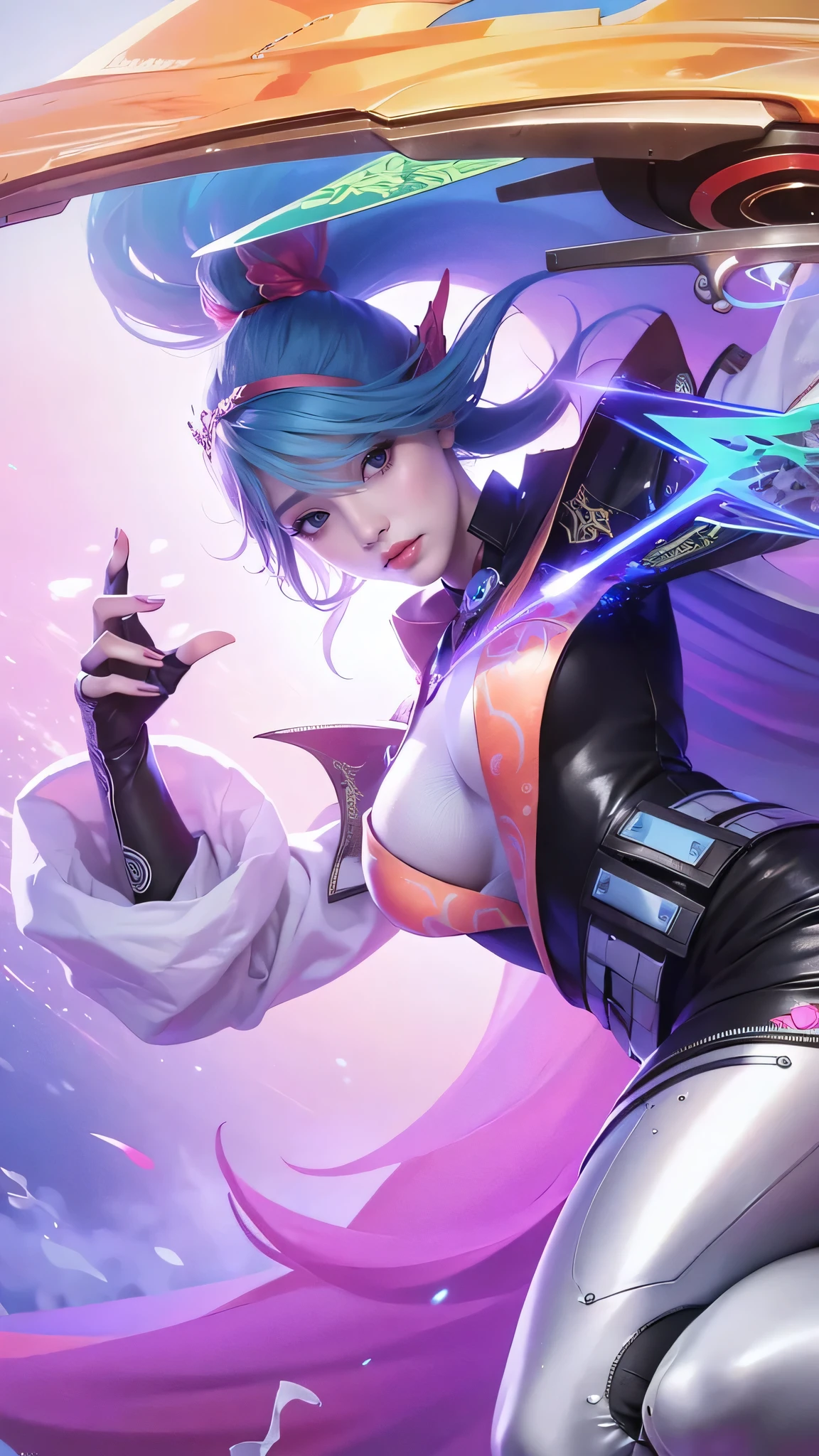 Masterpiece, best picture quality, high quality, beautiful woman, Japanese, popular Korean makeup, detailed, swollen eyes, detailed eyes, detailed skin, beautiful skin, ultra high resolution, (reality: 1.4),very beautiful, slightly younger face, beautiful skin, slender, (ultra realistic), (illustration), (high resolution), (8K), (very detailed) (best illustration), (beautifully detailed eyes), (super detailed), (wallpaper), (detailed face), looking at viewer, fine details, detailed face, pureerosfaceace_v1, smiling, looking straight ahead, looking straight ahead, angle from waist up, realistic photo, bright lighting, professional lighting, blue hair (some of hair part green), long hair, dark ruins, big red moon, gorgeous red and black dress, mature woman, long stylish bangs,