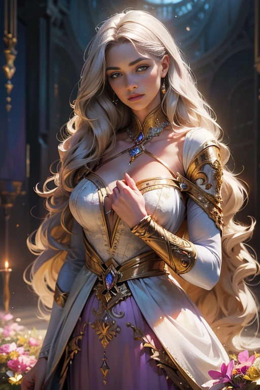 (masterpiece, ultra quality, high resolution, 8k, intricate: 1.2) photorealistic Epic romantic fantasy book cover, in center HALF-BODY COUPLE. spring romantic fantasy in center beautiful long half-body LONG WHITE hair man, ultradetailed beautiful faces, and beautiful lady in bright color french gown, proportional, tender, shimmering, ultradetailed beautiful faces, day BoKEH, fairytale magic, mysterious, light spring colorscheme, (Best quality,8K,A high resolution,Masterpiece:1.2), Ultra-detailed,(Realistic,Photorealistic,photo-realistic:1.37), Portrait, Creative style artwork, Historical ,classical, Sophisticated, plethora of colors, Highly detailed, Soft lighting, luxurious environment,detailed gown, Vibrant flowers, detailed jewellery, Ethereal atmosphere, Elegant Pose, Graceful curves, Gold body proportions, Flowing hair, Breathtaking textile patterns, Harsh purple eyes, Delicate floral decoration, A dazzling array of crystal accessories, Mysterious and dreamy atmosphere, Impeccable attention to detail.