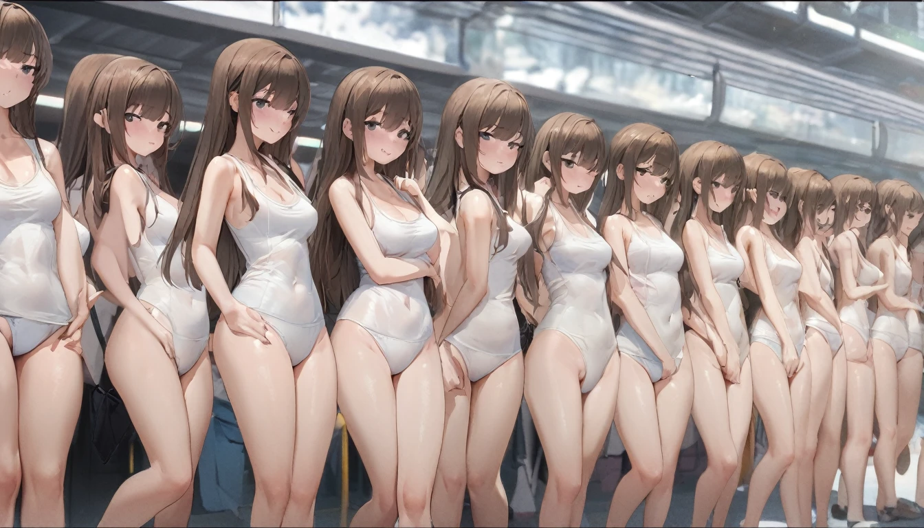 A crowd of clone girls wearing sleeveless white underwears, sleeveless White tank top underwear,sleeveless White camisole underwear, White panties underwear,leather shoes and shoulder bags commuting to work,Everyone in the same underwear,multiple clone girls, 20000+ clone girls,masterpiece,high detailed,best quality,All Girls,Wear only white underwear,brown hair,black eyes,long hair,clone girls