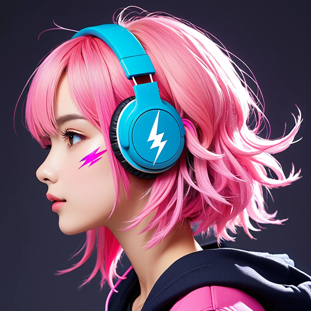 Colorful headphones like cuberpunk、Lightning bolt mark on the earmuffs of the headphones、profile、girl、Her hair color is pink.、