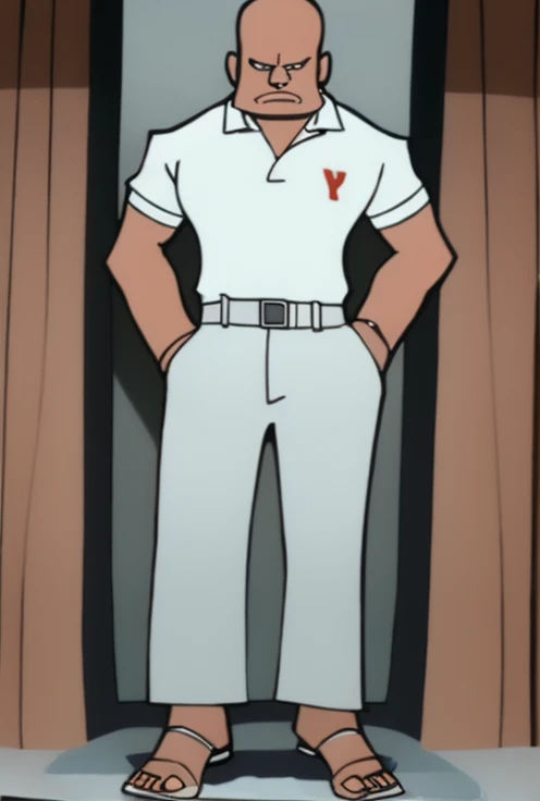 ((masterpiece, best quality)),solo,1boy, Jonny2x4, bald, white shirt, pants, black sandals, standing,