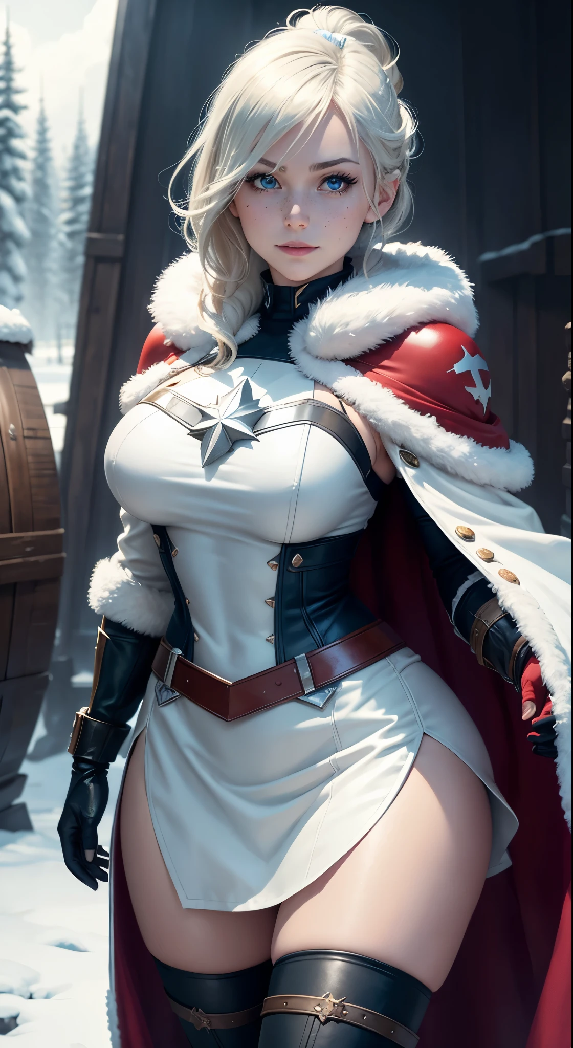 Gwen Tennyson,Captain Marvel,Yorha 2B,Solo girl,Observation and monitoring,Atelier Risa,close up,Winter forest,Viking village,Runic tattoos,Fur and white suit,Viking winter linen shirt,Scarlet Vikings Cape,fur Viking shield,Lycra tight mini skirt, ponytail hair,,Long dress train,Short viking hair,Viking makeup,Blue eyes,Multi-colored silver blonde hair,Fur gloves,Sexy smile,Freckles,beautiful girl,Thigh high fur boots,Big breasts,8K,Very detailed,real,Imagination art,Viking shield,hairpin,ear piercing,(weather:windy),