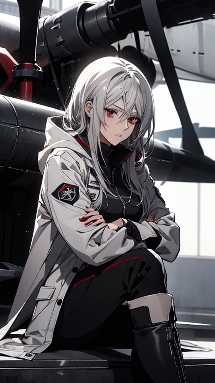 (Confused, High resolution, Very detailed), 1 female, Silver Hair,Long Hair,Red eyes,black pilot suit,white hooded coat,Black Pants,Knee-high boots,24th generation,beauty,mature,thin,quiet,Calm,Stern expression,Sitting cross-legged,Hangar,