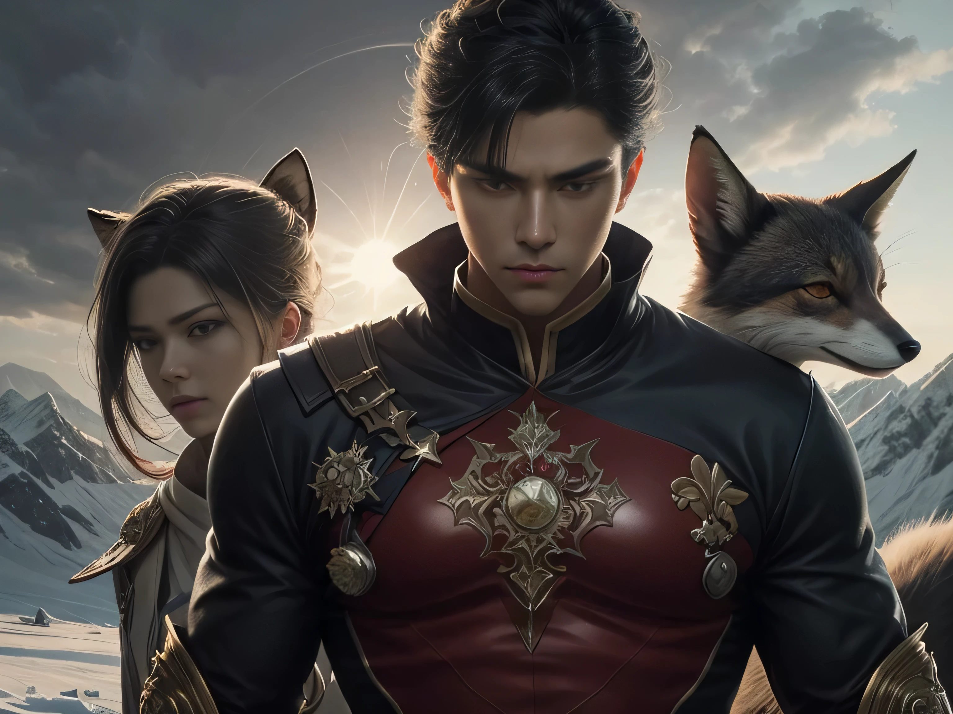 (Best Quality, 8K, Masterpiece, HDR, Soft Lighting, Picture Perfect, Realistic, Vivid), Black-haired guy with fox ears and baby fox animal lie on the snow, on the mountainside, Anime Illustrations, Beautiful Illustrations, Exquisite Digital Illustrations, Realistic digital anime, realistic digital anime art, (ultra high quality fantasy art), masterpiece, male model, ultra high quality male character designs, anime art with 8k development, realistic anime art, highest quality wallpaper illustrations, complex ultra high quality accurate male characters faces, high quality design and accurate physics (super-quality fantasy style)), art, dark fantasy)) Style), masterpieces, super-quality characters, anime resolution - 8K, realistic anime art, wallpapers with the highest quality illustrations, ultra-high detail of faces, high-quality design and physics accuracy), color, depth of field, shadows, ray tracing, production of high-quality computer wallpapers and 8K resolution, (Accurate simulation of the interaction of light and materials)], [High-quality detailed hair [More about beautiful and shiny red hair]], (Beautifully detailed hands [perfect fingers [Perfect nails]], (perfect anatomy (perfect proportions)))) [[Full length]], [Perfect color combination (Accurate imitation of the interaction of light and material)], [art that conveys the meaning of the story ]