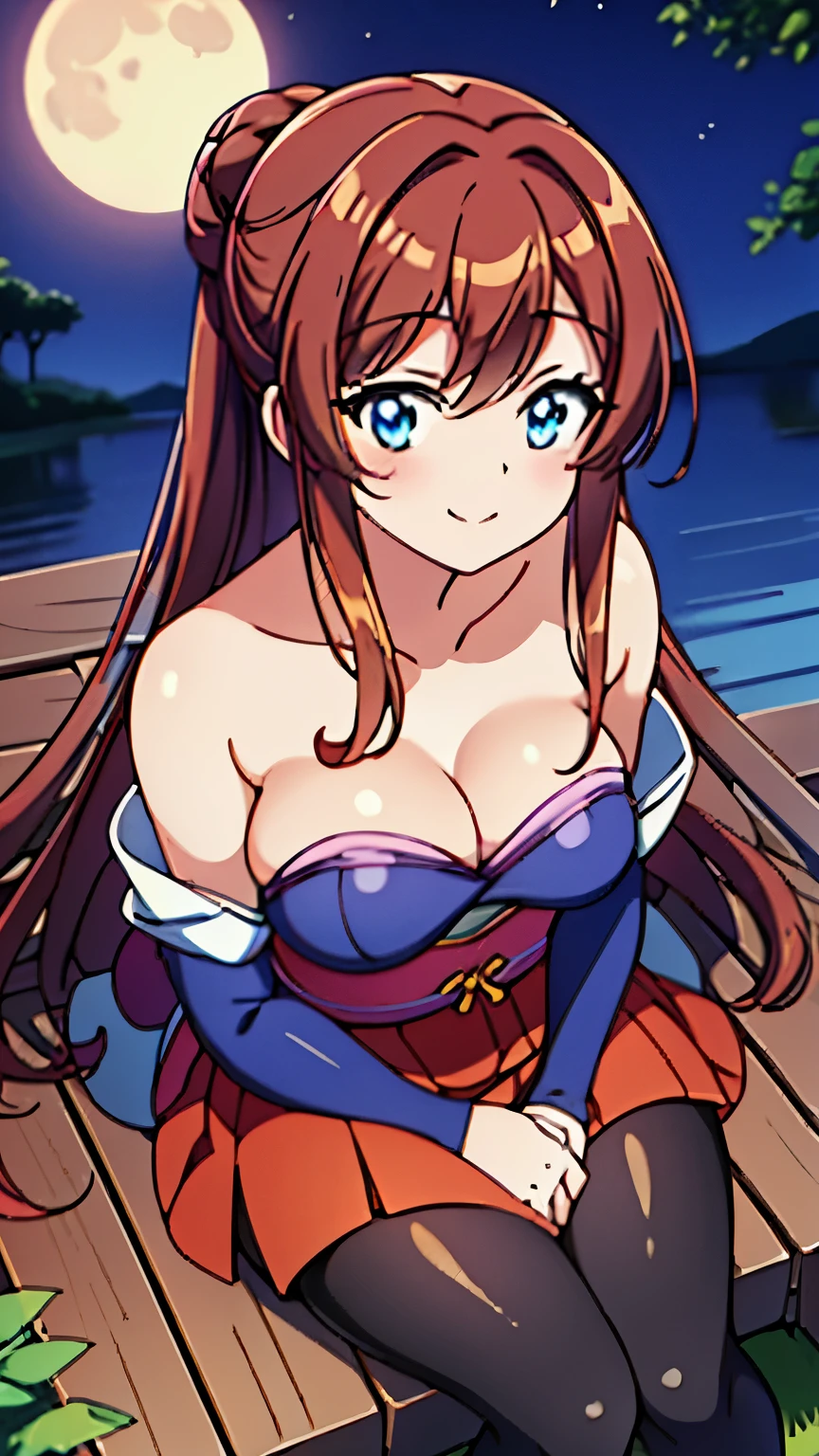 POV,from above,masterpiece,Japanese anime style,Beautiful girl with long straight reddish brown hair and blue eyes,Medium breasts,beautiful face,Smile,Sitting by the lake at night and admiring the moon, Wearing strapless gorgeous Hanfu and black pantyhose,The breeze blew her face,petals falling from the sky,Elegant picture