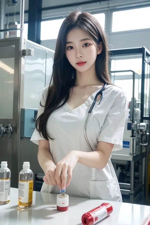 1 korean beautiful girl, big breasts, staff check Medical vials on production line at pharmaceutical factory, Pharmaceutical machine working pharmaceutical glass bottles production line, looking at viewer,