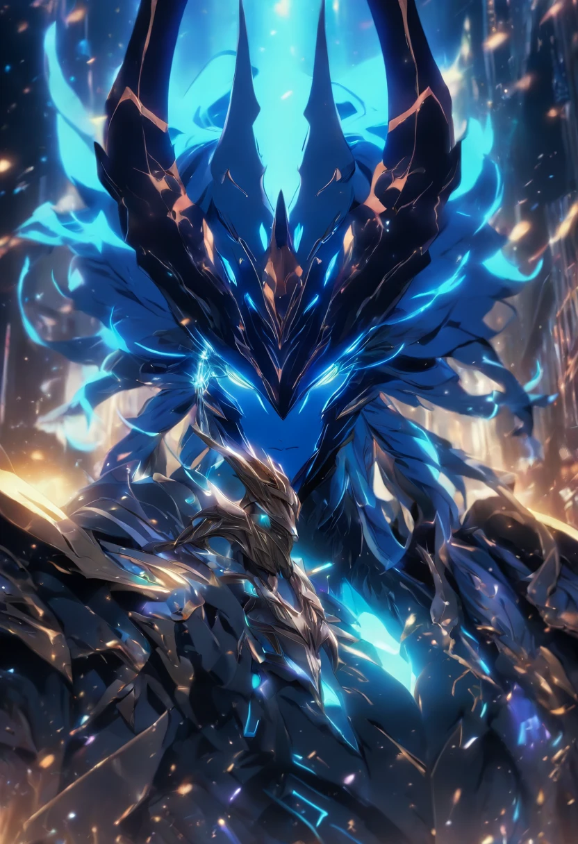 (masterpiece:1.2), best quality, high resolution, Unity 8K backgroundbild, (illustration:1.0), Beautiful and detailed, Very detailed, Perfect lighting, Extremely detailed CG,Bright Eyes,backgroundbeleuchtung, , armor, Incorrect_antlers, Luminescence, full_armor,Warframe,human creature_,antlers,rudder,mask,detection_background,SWAV, huge, blue_armor,, Looking at the audience,only,view,
