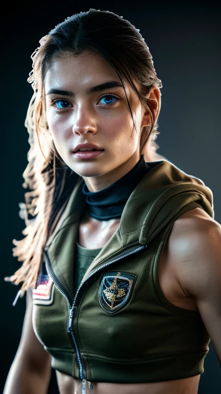 a beautiful girl in a tight combat uniform, highly detailed face and eyes, long eyelashes, flowing hair, muscular athletic body, detailed clothing texture, high-tech military equipment, post-apocalyptic wasteland background, dramatic lighting, cinematic camera angle, hyper-realistic, 8k, detailed photorealistic render, masterpiece, concept art