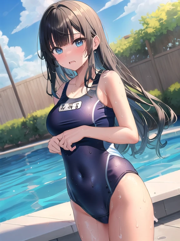 (masterpiece:1.3), (Absurd:1.3), (highest quality:1.3), The Hands of Guido Daniele, (Very detailed:1.3), (Best Shadow:0.7), (Processed Hair), One girl, alone, S1, aizawa ema, , (medium Breasts:0.9), (thick thighs:0.4), (Black hair:1.4), Asymmetrical bangs, Blunt bangs, blue eyes, (one-piece swimsuit:1.4), (school swimsuit:1.4), (Blue swimsuit:1.4), no bra, (nipple shape:1.0), no socks, cute face, panic face, (embarrassed:1.0), wet, wet hair, in the pool, inside,