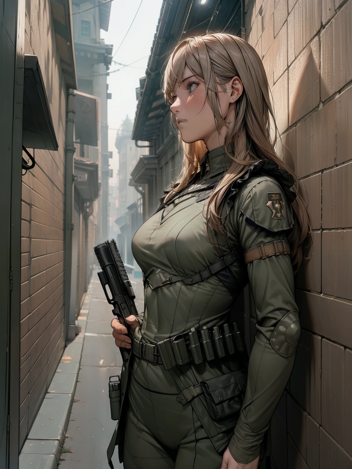 Arafed woman in a green uniform holding a gun and a gun - SeaArt AI