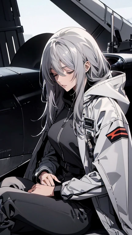 (Confused, High resolution, Very detailed), 1 female, Silver Hair,Long Hair,black pilot suit,white hooded coat,Black Pants,Knee-high boots,24th generation,beauty,mature,thin,quiet,Calm,Sleeping,Sitting cross-legged,Hangar,