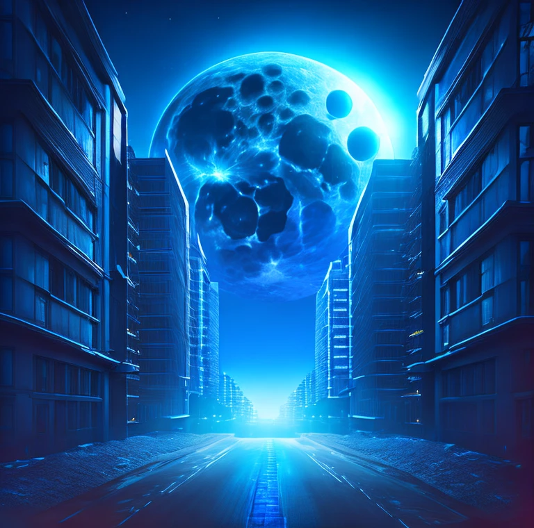 A dark street in a middle of a modern night city view, a blue neon light from building around it, a full moon in the sky, energy aura emerge in the air