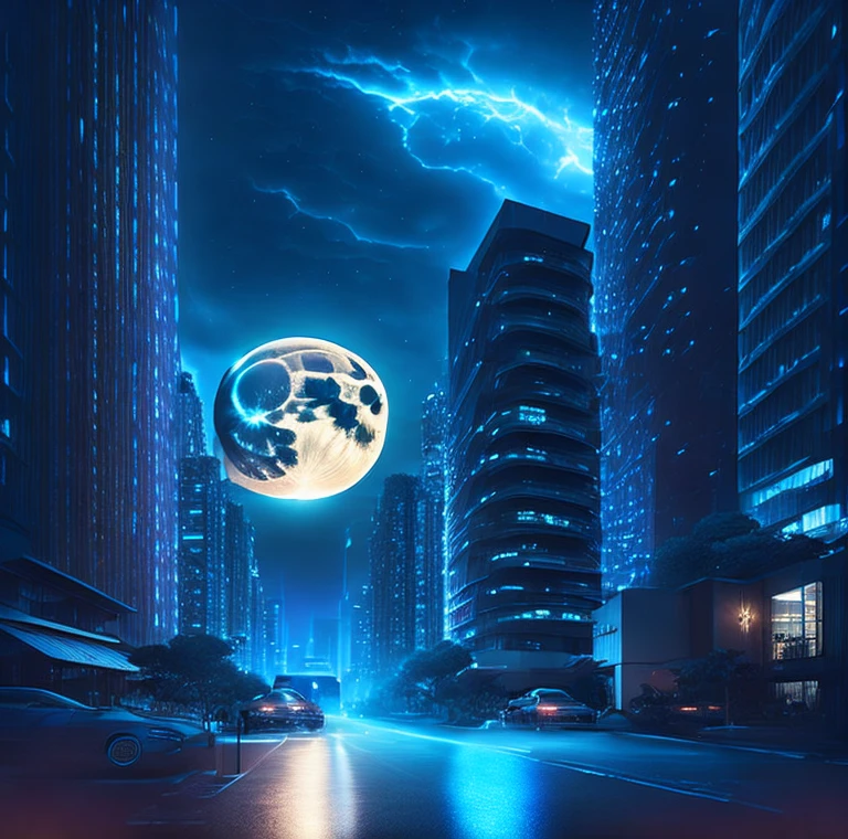 A dark street in a middle of a modern night city view, a blue neon light from building around it, a full moon in the sky, energy aura emerge in the air