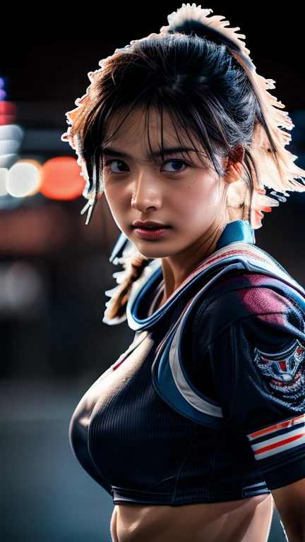 1girl,tight combat outfit,fighting against enemy,detailed eyes,detailed lips,long eyelashes,muscular,dynamic pose,intense expression,cinematic lighting,dramatic shadows,vibrant colors,highly detailed,8k,photorealistic,award winning digital art