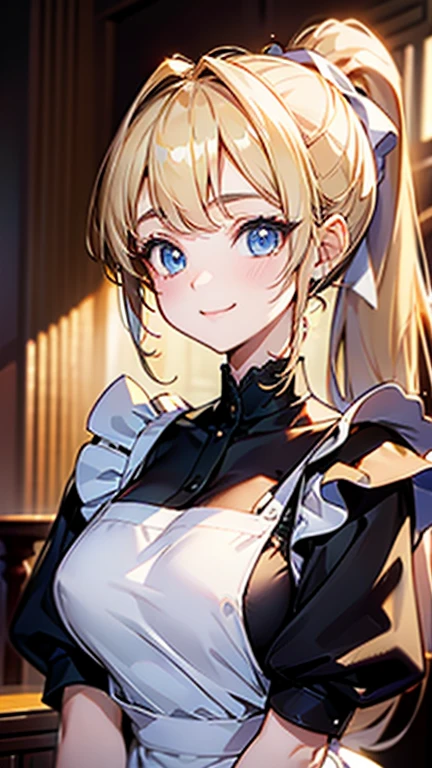 High quality, Best quality , masterpiece, Portrait、、Bright expression、ponytail、Young, shiny, white, glossy skin、Gloss Face、Shining Cheek Gloss、Small Face Beauty、The best beauty、The dazzling light of blonde hair、Bright blonde hair with dazzling highlights、Very beautiful shiny light blonde hair、super long silky straight hair、Her shiny, beautiful bangs are covering her eyes.、Sparkling, clear, attractive, bright, large, pale blue eyes、Very big eyes、eyeliner、very beautiful lovely cute 16 year old girl、young girl, Ample Bust, upper body , (smile:1.2) , (((apron , ponytail )))),in castle ,huge breast ,