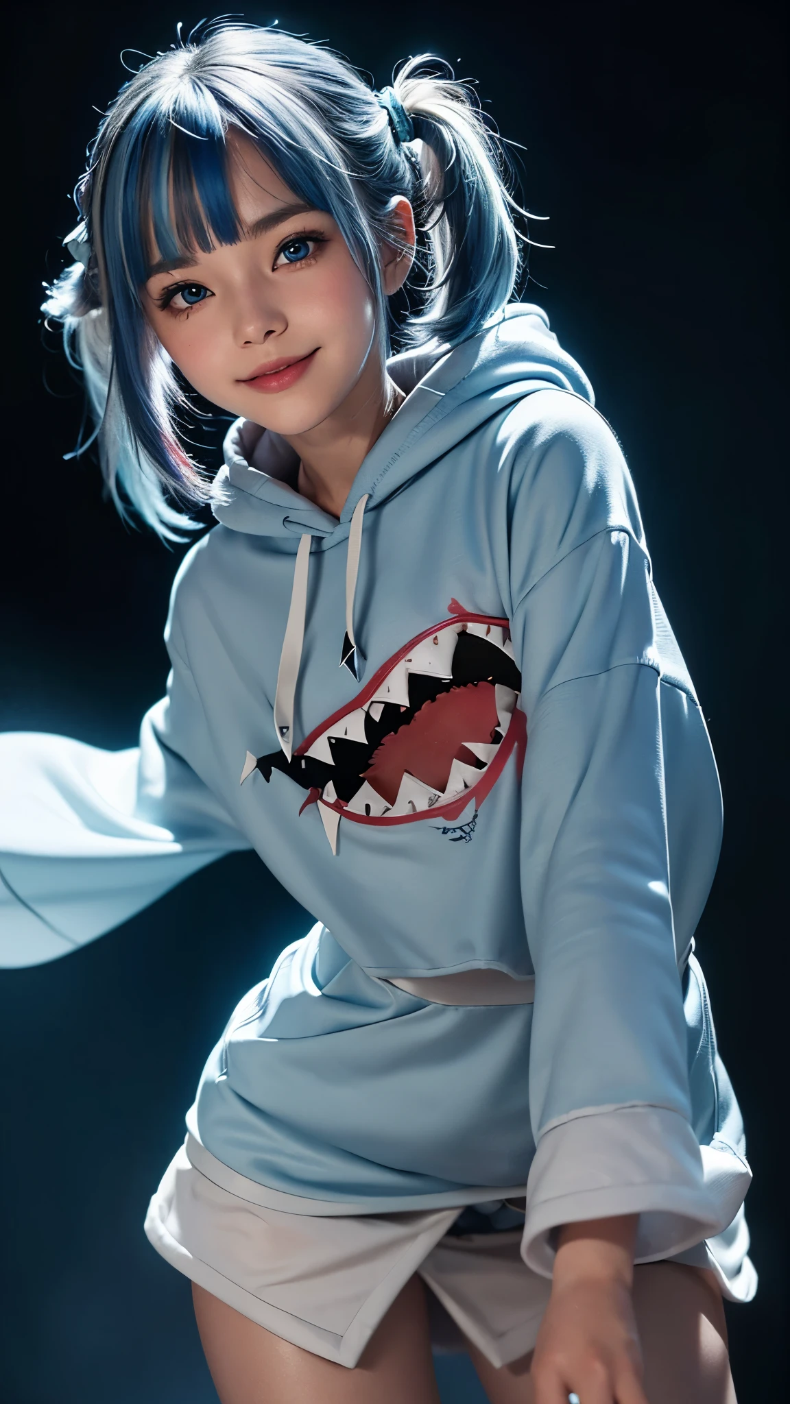 (masterpiece), 8K CG, Amazingly beautiful girl, intricate deTails, Chromatic Aberration, ((Half-length photo)), ((looking at the audience)), 1 Girl, (mouth, Colorful hair, blue eyes, side ponyTail, Blue Shark Hoodie, Shark Hair Accessories, Tail, short hair), (blue eyes, Shining eyes, extremely deTailed eyes), extremely beautiful and delicate portrait, , Cute face, A bright smile, hapiness, soft cheeks, blush, cosmetic, absurd, movie lighting, Dynamic Lighting, fantasy, ((Dark background, FOG))