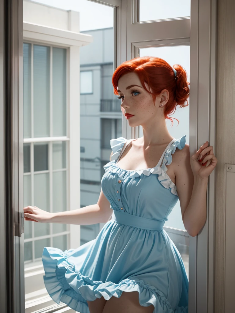 pin-up style woman with white skin, red hair and freckles on her face, wearing a light blue ruffled dress, looking out the window