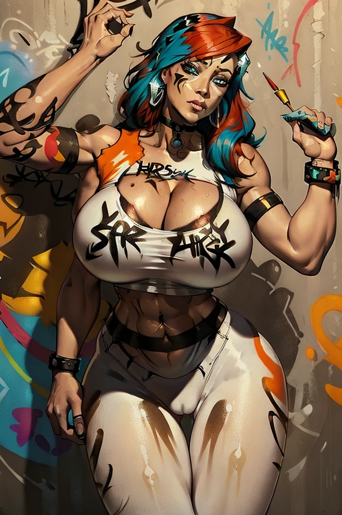 masterpiece, best quality, 1girl, solo, crop top, ((colossal :1.3)), gym leggins, choker, (graffiti:1.5), paint splatter, arms behind back, against wall, looking at viewer, armband, thigh strap, paint on body, head tilt, bored, multicolored hair, aqua eyes, headset, peepshow, nipslip(((petting cameltoe)))