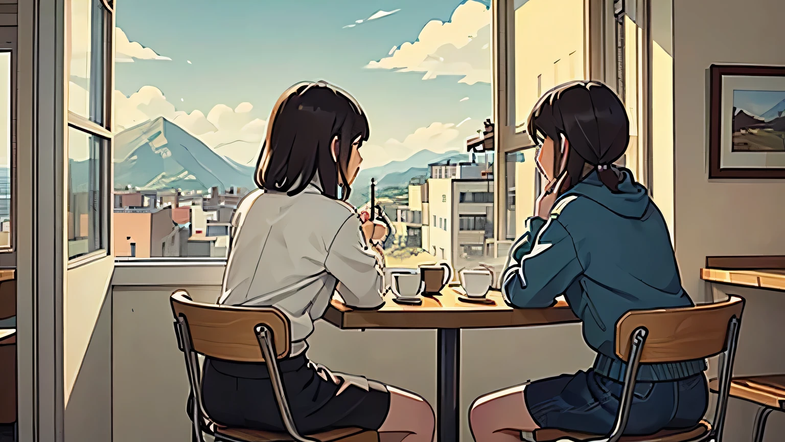 Sitting in a window seat at a crowded cafe、Back view of a girl looking at the scenery outside
