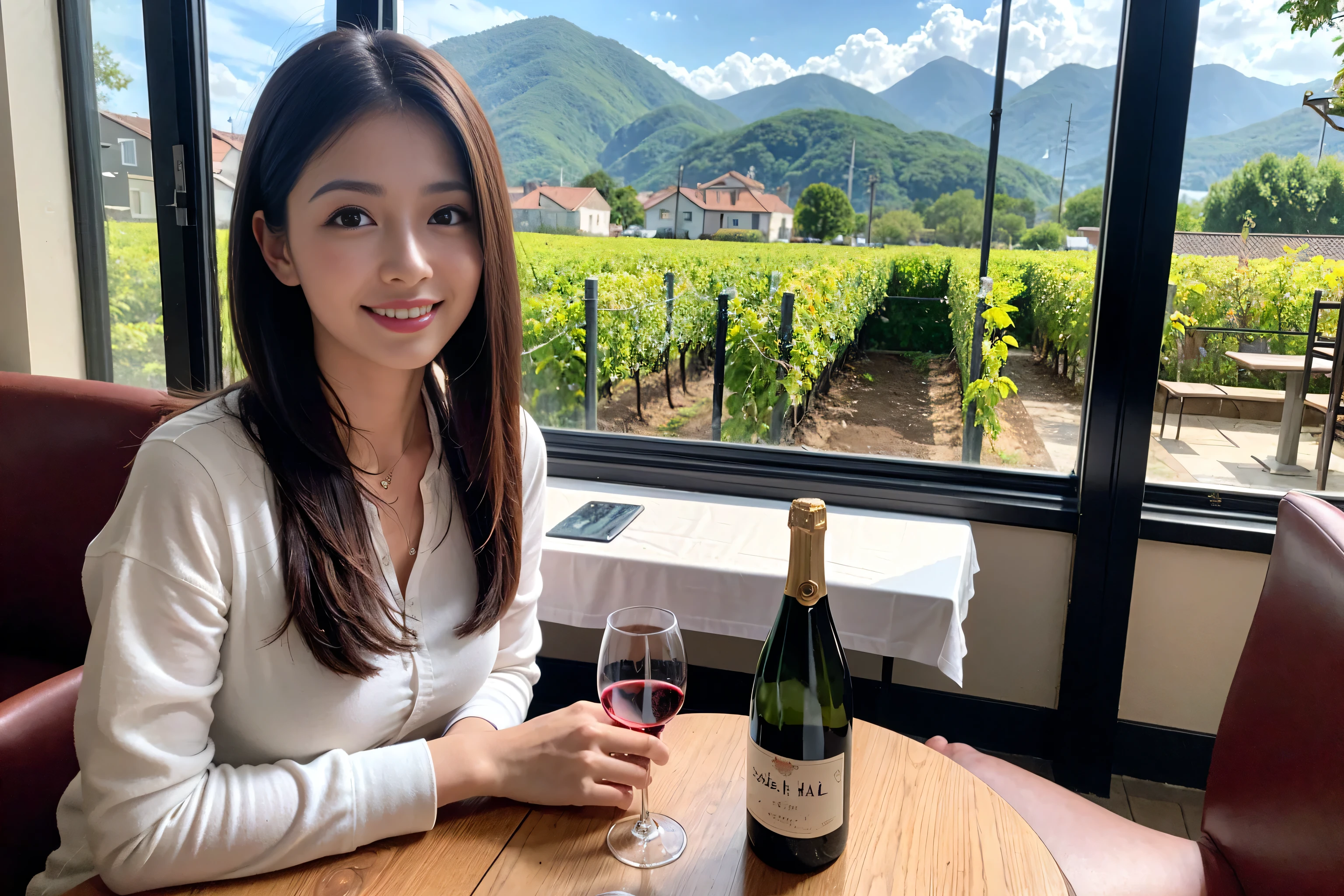 ((highest quality、8k、masterpiece:1.3))、1 male、1 woman who resembles Satomi Ishihara、Couple、Spouse、Couple、The body is slim、((Bob Hale、Straight hair:1.2)), (Realistic, Intricate details:1.2), Wine glass on the table、Put the light on your face、 Amazing view of the sunset sky and clouds、Amazing mountain views、A bright smile、The wonderfulness of smile、Bright image、The beauty of wine, Beautiful Face, blue eyes, The light shines on your face, Blushing, short hair,Bright Face、 (Age 42), 39 years old, red wine 、Appetizers、Italian food、Wine bottle、Champagne、sparkling wine、Two beauties、Brown Hair、Shortcuts、Long sleeve shirt、dress、Pretty Woman 1, (Slim face), (The body is slim), (Brown Hair), (Shortcuts), cheeks turn a little red,Attractive beauty、restaurant, In a prominent place (From the waist up) Nova Frog Style, actress, model, Upper Body, White wine, slim, wine glass, A wine glass placed in the center, smile, (smile: 1.15), Beautiful fine grain, Depth f/2,saturation, High Contrast, Strong light and shadow,Moist Body:1.5、3D texture、Delicate eyes、Brown Hair、The hair is very shiny、