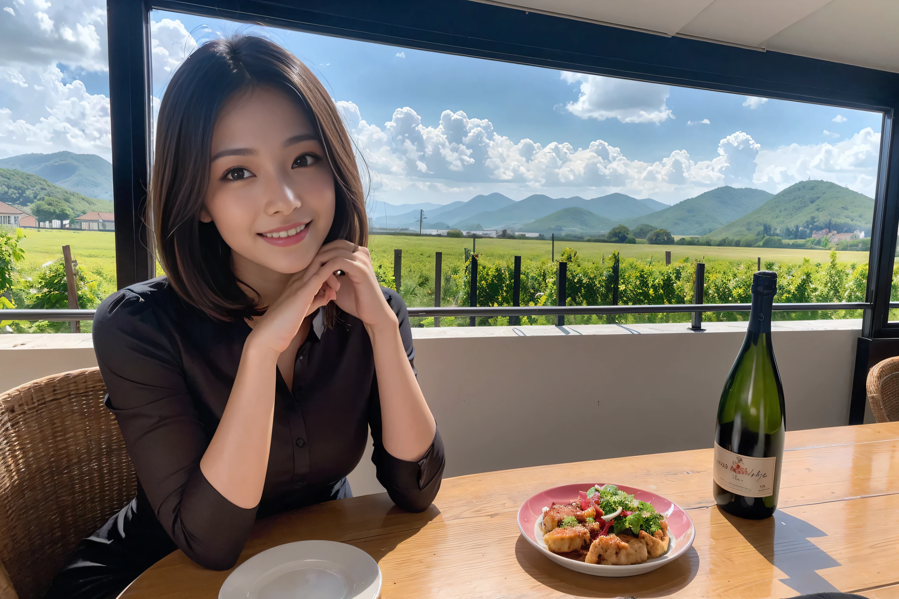 ((highest quality、8k、masterpiece:1.3))、1 male、1 woman who resembles Satomi Ishihara、Couple、Spouse、Couple、The body is slim、((Bob Hale、Straight hair:1.2)), (Realistic, Intricate details:1.2), Wine glass on the table、Put the light on your face、 Amazing view of the sunset sky and clouds、Amazing mountain views、A bright smile、The wonderfulness of smile、Bright image、The beauty of wine, Beautiful Face, blue eyes, The light shines on your face, Blushing, short hair,Bright Face、 (Age 42), 39 years old, red wine 、Appetizers、Italian food、Wine bottle、Champagne、sparkling wine、Two beauties、Brown Hair、Shortcuts、Long sleeve shirt、dress、Pretty Woman 1, (Slim face), (The body is slim), (Brown Hair), (Shortcuts), cheeks turn a little red,Attractive beauty、restaurant, In a prominent place (From the waist up) Nova Frog Style, actress, model, Upper Body, White wine, slim, wine glass, A wine glass placed in the center, smile, (smile: 1.15), Beautiful fine grain, Depth f/2,saturation, High Contrast, Strong light and shadow,Moist Body:1.5、3D texture、Delicate eyes、Brown Hair、The hair is very shiny、