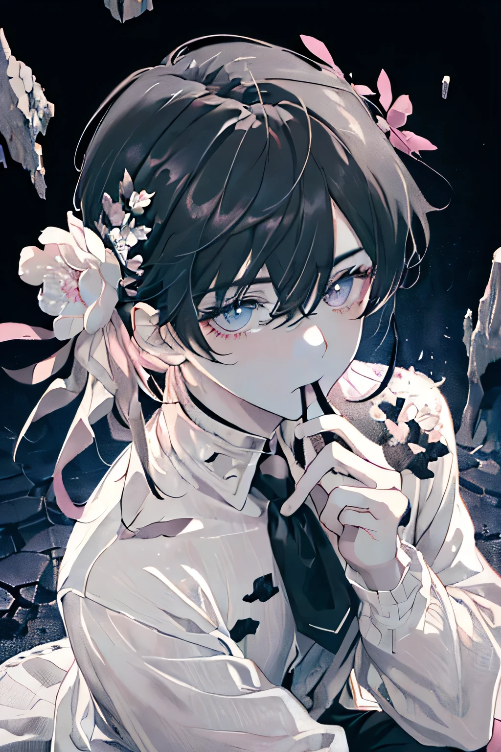 ((A ruined city full of rubble)),(After the war),((Vast landscape covered with rubble)),(A boy in ragged clothes),((black hair)),(Lifeless eyes),((sit down，Place your knees on the ground on both sides)),((Look up at me)),(Mouth sLightly open),((Light pink eyes)),((monochrome world)),((Black,grey,Light)),((Hair accessories decorated with many dark pink jewels)),((holding a flower in hand)),((View from directly above)),(Sharp eye Light),(((Adult male))),Face clarity，The white of the eye is distinct，Five fingers