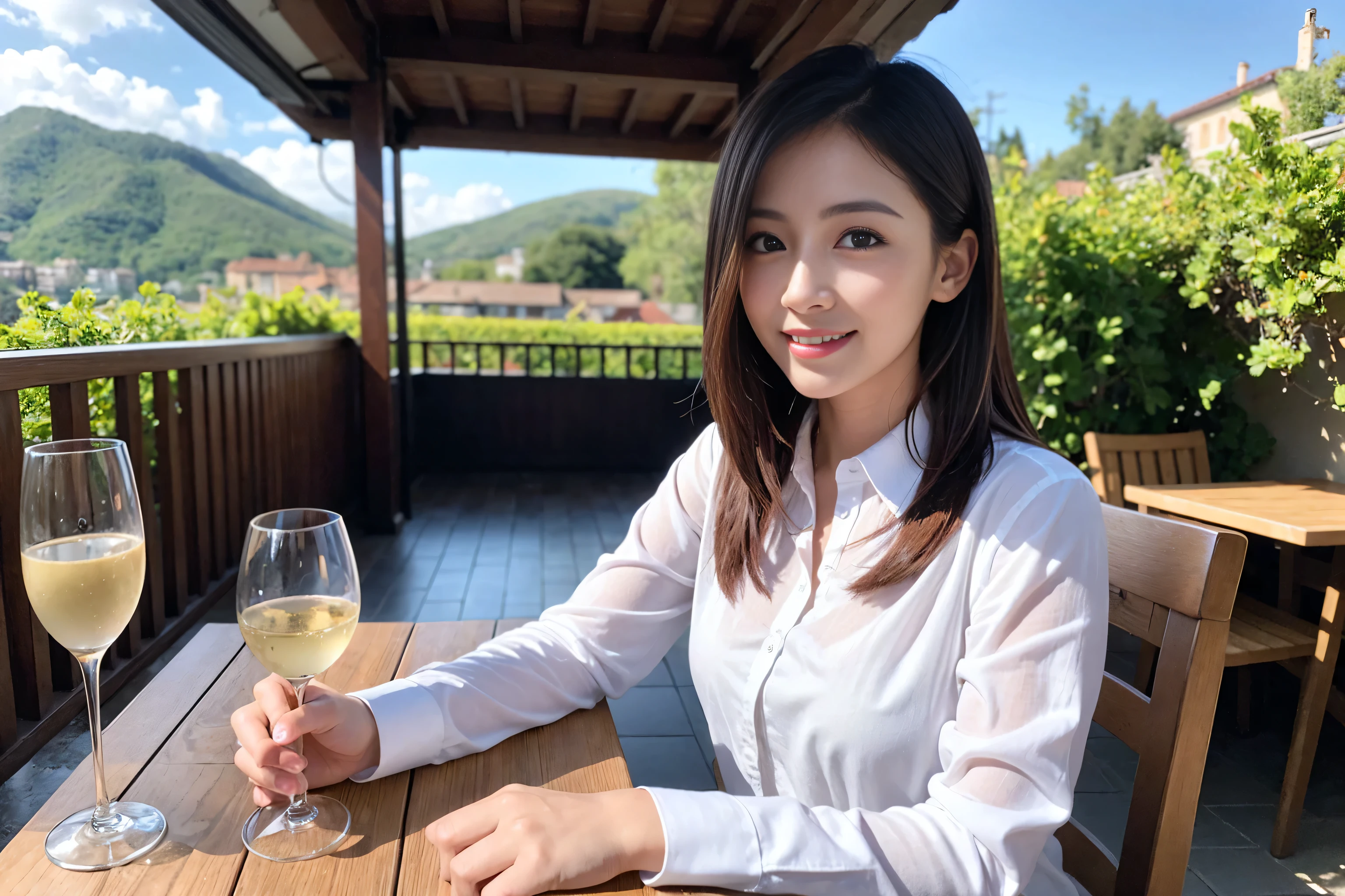 ((highest quality、8k、masterpiece:1.3))、1 male、1 woman who resembles Satomi Ishihara、Couple、Spouse、Couple、The body is slim、((Bob Hale、Straight hair:1.2)), (Realistic, Intricate details:1.2), Wine glass on the table、Put the light on your face、 Amazing view of the sunset sky and clouds、Amazing mountain views、A bright smile、The wonderfulness of smile、Bright image、The beauty of wine, Beautiful Face, blue eyes, The light shines on your face, Blushing, short hair,Bright Face、 (2), 39 years old, red wine 、Appetizers、Italian food、Wine bottle、Champagne、sparkling wine、Two beauties、Brown Hair、Shortcuts、Long sleeve shirt、dress、Pretty Woman 1, (Slim face), (The body is slim), (Brown Hair), (Shortcuts), cheeks turn a little red,Attractive beauty、restaurant, In a prominent place (From the waist up) Nova Frog Style, actress, model, Upper Body, White wine, slim, wine glass, A wine glass placed in the center, smile, (smile: 1.15), Beautiful fine grain, Depth f/2,saturation, High Contrast, Strong light and shadow,Moist Body:1.5、3D texture、Delicate eyes、Brown Hair、The hair is very shiny、