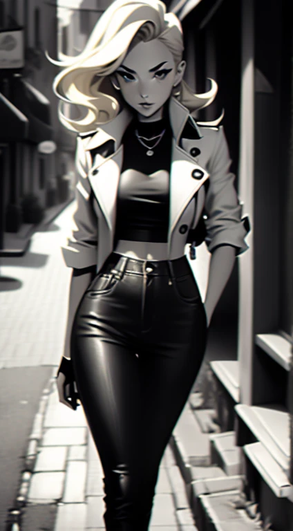  Mid 20s female detective, blonde hair, detailed, toned body, simple, Noir et blanc, monochrome, femme fatale, black top, jeans, trench coat, walking down a street 