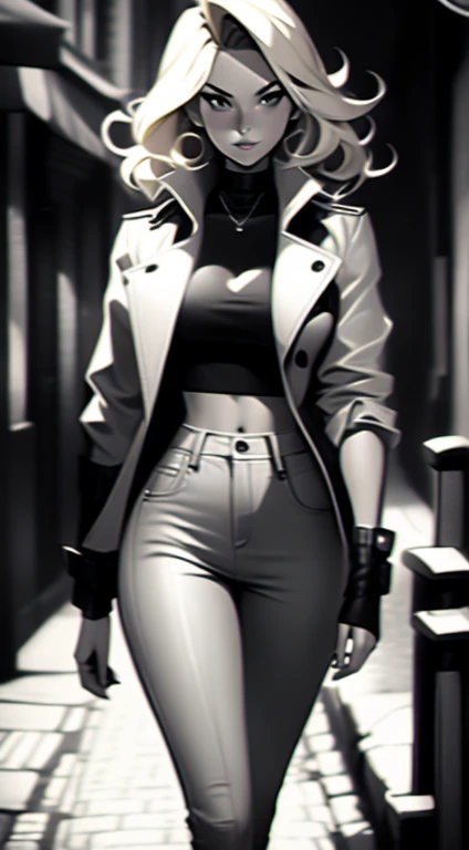 Mid 20s female detective, blonde hair, detailed, toned body, simple, Noir et blanc, monochrome, femme fatale, black top, jeans, trench coat, walking down a street
