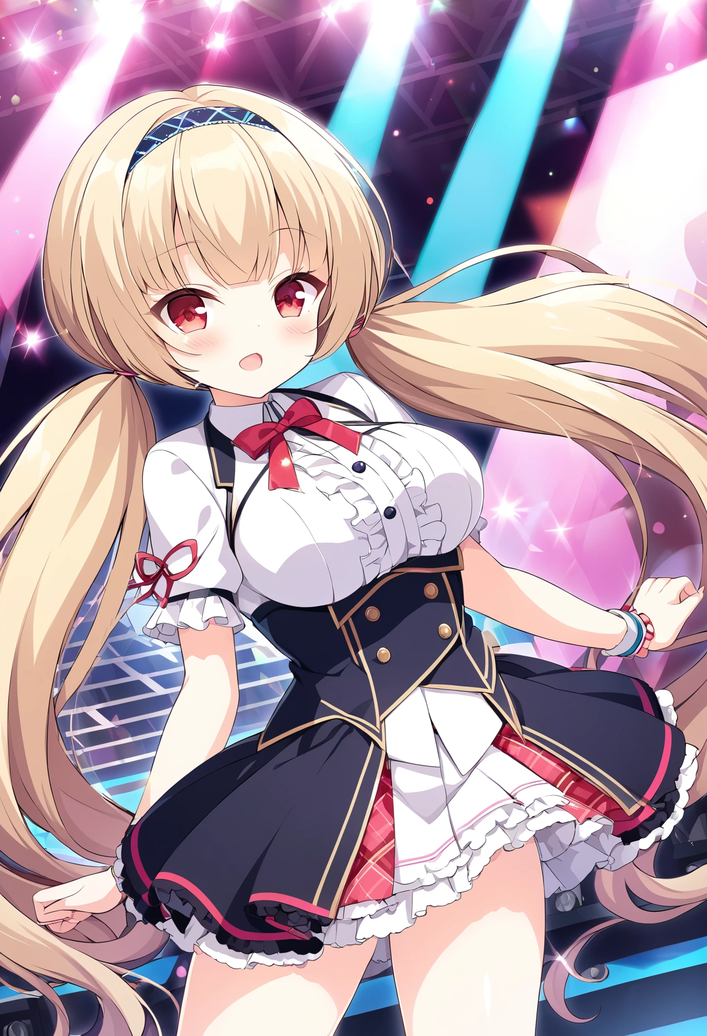 nishinoayane, red eyes, long hair, blonde hair, hairband, twintails,, large breasts,, Live Stage, solo