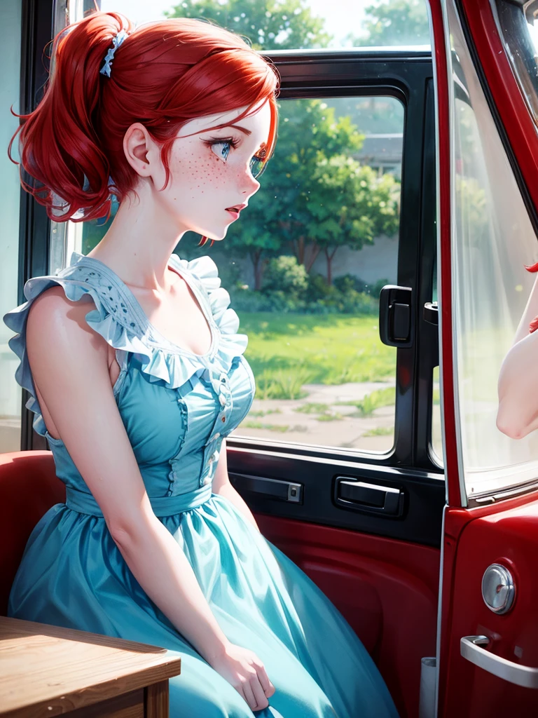 pin-up style woman with white skin, red hair and freckles on her face, wearing a light blue ruffled dress, looking out the window