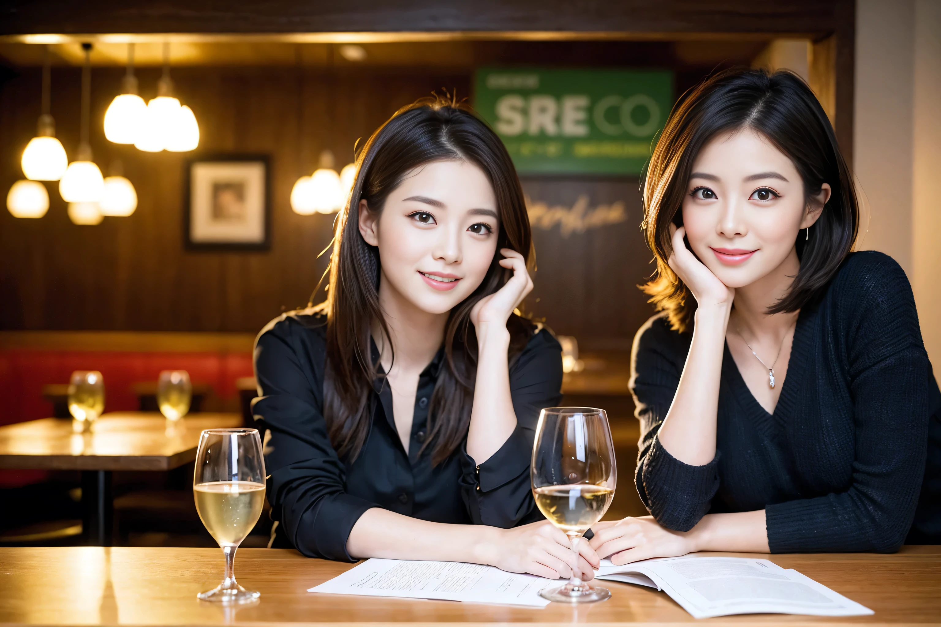 ((highest quality、8k、masterpiece:1.3))、1 male、1 woman who resembles Satomi Ishihara、Couple、Spouse、Couple、The body is slim、((Bob Hale、Straight hair:1.2)), (Realistic, Intricate details:1.2), Wine glass on the table、Put the light on your face、 Amazing view of the sunset sky and clouds、Amazing mountain views、A bright smile、The wonderfulness of smile、Bright image、The beauty of wine, Beautiful Face, blue eyes, The light shines on your face, Blushing, short hair,Bright Face、 (Age 42), 39 years old, red wine 、Appetizers、Italian food、Wine bottle、Champagne、sparkling wine、Two beauties、Brown Hair、Shortcuts、Long sleeve shirt、dress、Pretty Woman 1, (Slim face), (The body is slim), (Brown Hair), (Shortcuts), cheeks turn a little red,Attractive beauty、restaurant, In a prominent place (From the waist up) Nova Frog Style, actress, model, Upper Body, White wine, slim, wine glass, A wine glass placed in the center, smile, (smile: 1.15), Beautiful fine grain, Depth f/2,saturation, High Contrast, Strong light and shadow,Moist Body:1.5、3D texture、Delicate eyes、Brown Hair、The hair is very shiny、